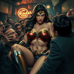 A terrified, busty superheroine inspired by Wonder Woman, showcasing big cleavage and a curvy figure, sitting in a perilous situation on the lap of a villain