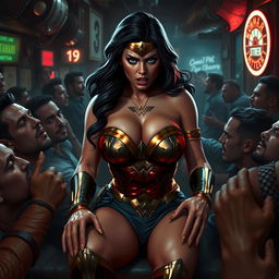 A terrified, busty superheroine inspired by Wonder Woman, showcasing big cleavage and a curvy figure, sitting in a perilous situation on the lap of a villain