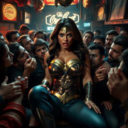 A terrified, busty superheroine inspired by Wonder Woman, showcasing big cleavage and a curvy figure, sitting in a perilous situation on the lap of a villain