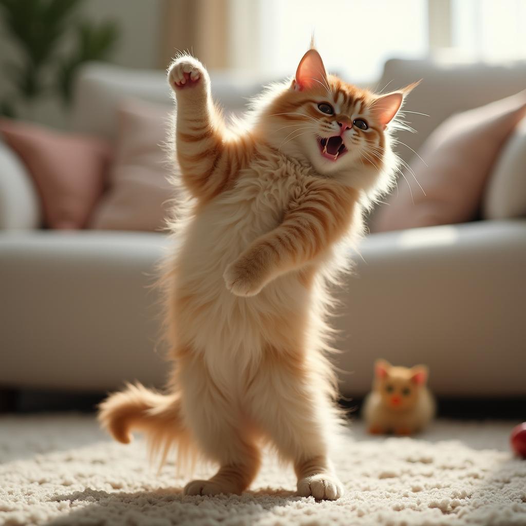 A playful scene featuring a fluffy cat performing a handstand on its front paws, with its back legs raised in the air