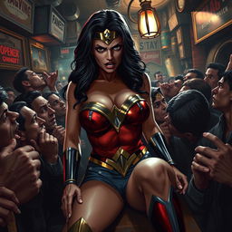 A terrified, busty depiction of a superheroine resembling Wonder Woman, showcasing big cleavage and a curvaceous figure, sitting in a perilous situation on the lap of a male villain