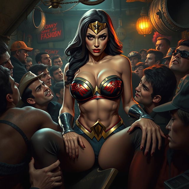 A terrified, busty depiction of a superheroine resembling Wonder Woman, showcasing big cleavage and a curvaceous figure, sitting in a perilous situation on the lap of a male villain