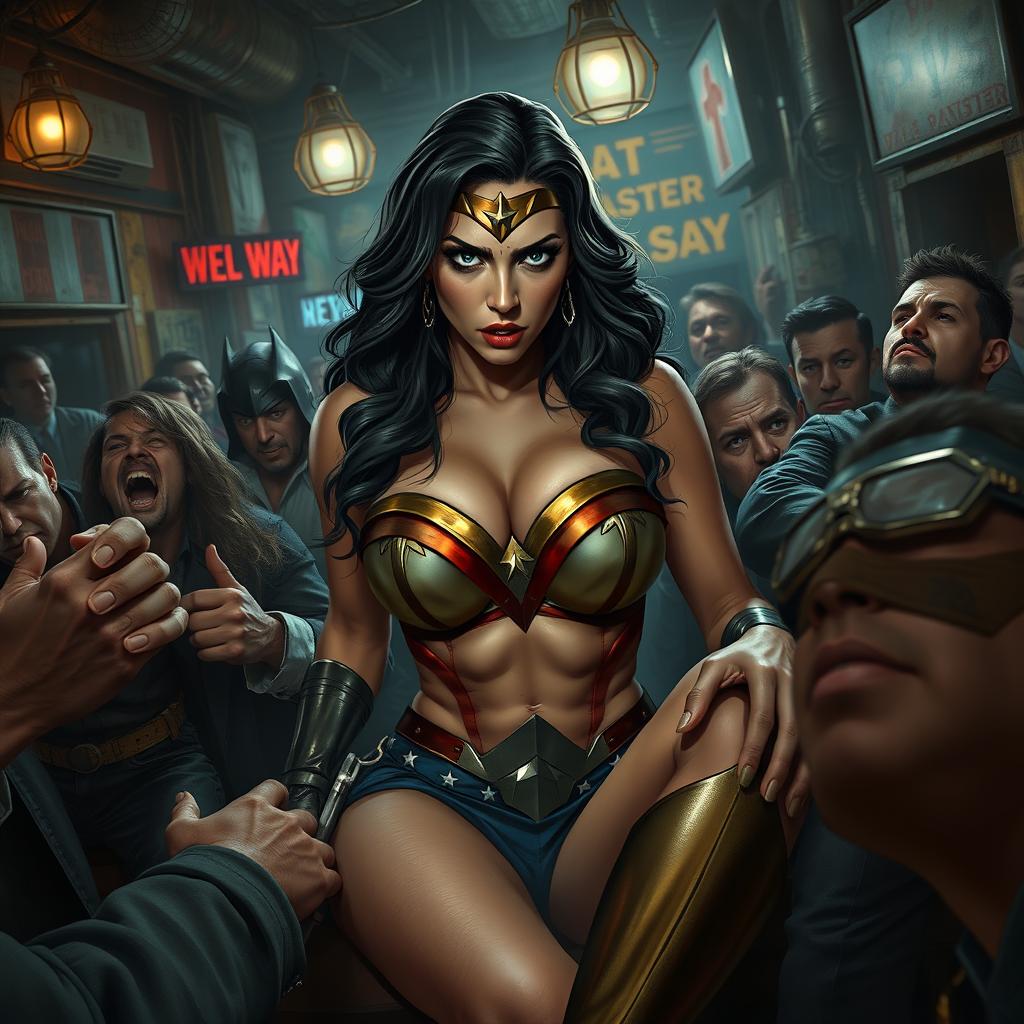 A terrified, busty depiction of a superheroine resembling Wonder Woman, showcasing big cleavage and a curvaceous figure, sitting in a perilous situation on the lap of a male villain