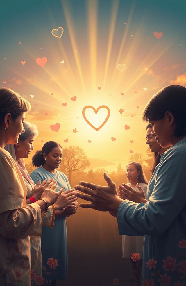 A serene and inspiring scene depicting the themes of prayer, love, and service