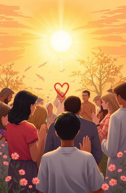 A serene and inspiring scene depicting the themes of prayer, love, and service