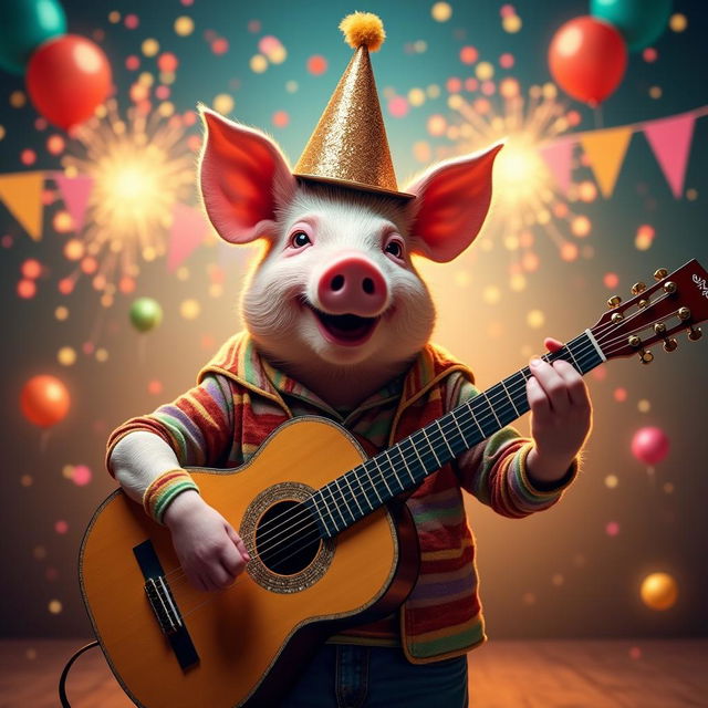 A delightful scene of a cheerful pig dressed in a festive New Year costume, complete with a sparkling party hat and colorful streamers