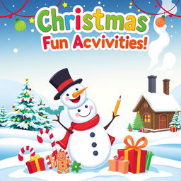 A vibrant and cheerful kids' activity book cover themed around Christmas