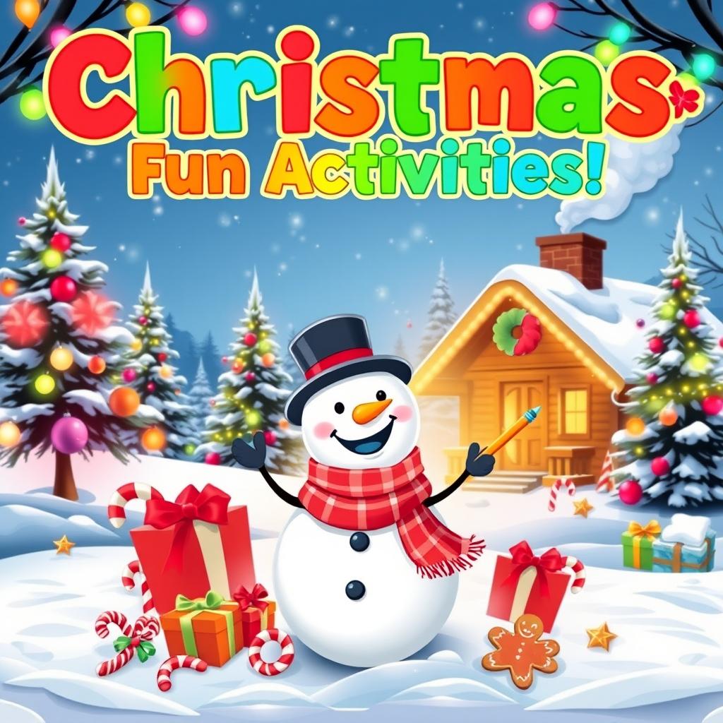 A vibrant and cheerful kids' activity book cover themed around Christmas