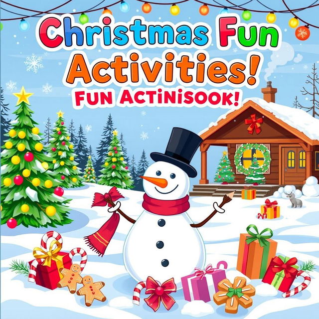 A vibrant and cheerful kids' activity book cover themed around Christmas