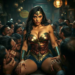 A terrified and busty portrayal of a superheroine resembling Gal Gadot's Wonder Woman, emphasizing her big cleavage and curvaceous figure, depicted in a perilous situation