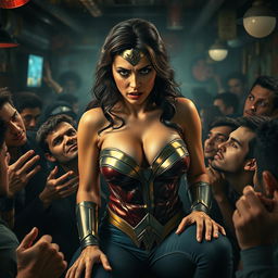 A terrified and busty portrayal of a superheroine resembling Gal Gadot's Wonder Woman, emphasizing her big cleavage and curvaceous figure, depicted in a perilous situation