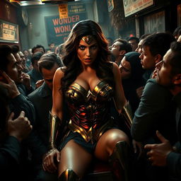 A terrified and busty portrayal of a superheroine resembling Gal Gadot's Wonder Woman, emphasizing her big cleavage and curvaceous figure, depicted in a perilous situation