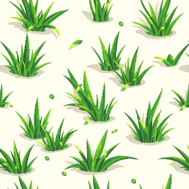 A seamless pattern design featuring pixelated grass, showcasing various shades of green with textured details and highlights