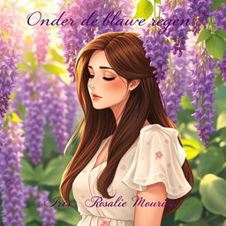 A beautiful illustration of a 27-year-old brunette woman inhaling the sweet fragrance of wisteria flowers