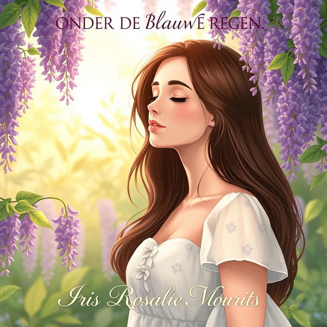 A beautiful illustration of a 27-year-old brunette woman inhaling the sweet fragrance of wisteria flowers