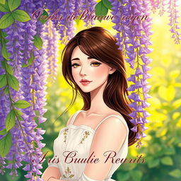 A beautiful illustration of a 27-year-old brunette woman inhaling the sweet fragrance of wisteria flowers