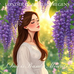 A beautiful illustration of a 27-year-old brunette woman inhaling the sweet fragrance of wisteria flowers