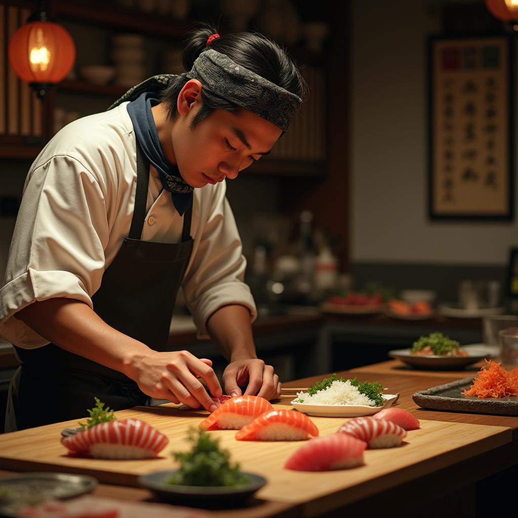 A serene and atmospheric depiction of Jiro, a highly skilled sushi chef, meticulously preparing sushi in a beautifully arranged kitchen