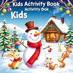 A vibrant and festive kids activity book cover with a Christmas theme