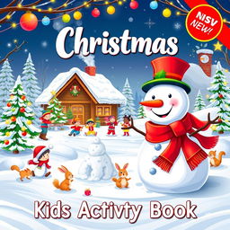 A vibrant and festive kids activity book cover with a Christmas theme
