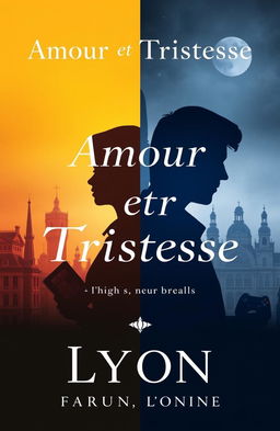 A book cover titled 'Amour et Tristesse: L'Histoire de Deux Âmes en Quête' reflecting the duality between love and heartbreak, light and shadow