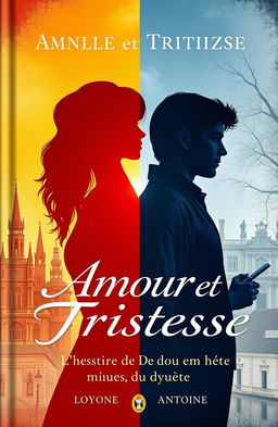 A book cover titled 'Amour et Tristesse: L'Histoire de Deux Âmes en Quête' reflecting the duality between love and heartbreak, light and shadow