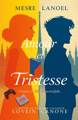 A book cover titled 'Amour et Tristesse: L'Histoire de Deux Âmes en Quête' reflecting the duality between love and heartbreak, light and shadow