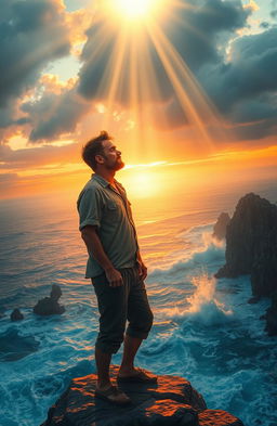 A heartfelt scene depicting a man in his mid-30s, standing on the edge of a cliff overlooking a tumultuous sea, filled with despair and contemplating giving up