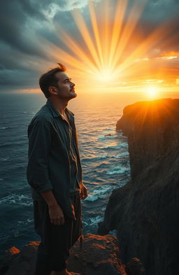 A heartfelt scene depicting a man in his mid-30s, standing on the edge of a cliff overlooking a tumultuous sea, filled with despair and contemplating giving up
