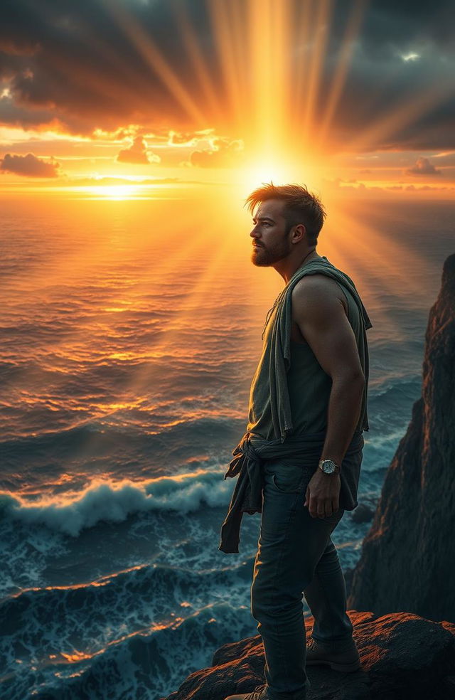 A heartfelt scene depicting a man in his mid-30s, standing on the edge of a cliff overlooking a tumultuous sea, filled with despair and contemplating giving up