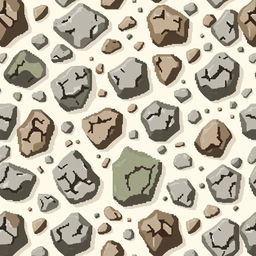 A seamless pattern design featuring pixelated rocks in various earthy tones, including greys, browns, and muted greens