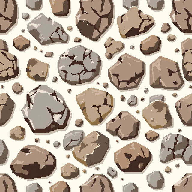 A seamless pattern design featuring pixelated rocks in various earthy tones, including greys, browns, and muted greens