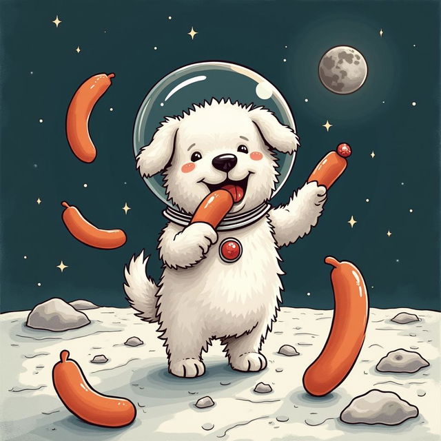 A whimsical and humorous illustration of a dog standing on the moon, joyfully munching on hot dogs