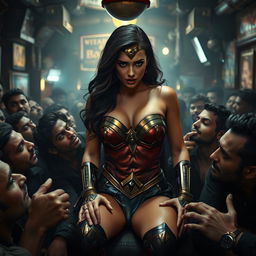 A terrified and busty portrayal of a superheroine resembling Wonder Woman with features similar to Jennifer Lawrence, showcasing big cleavage and a curvaceous figure