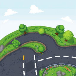A top-down pixel art view of a winding road, showcasing various features typical of a countryside setting