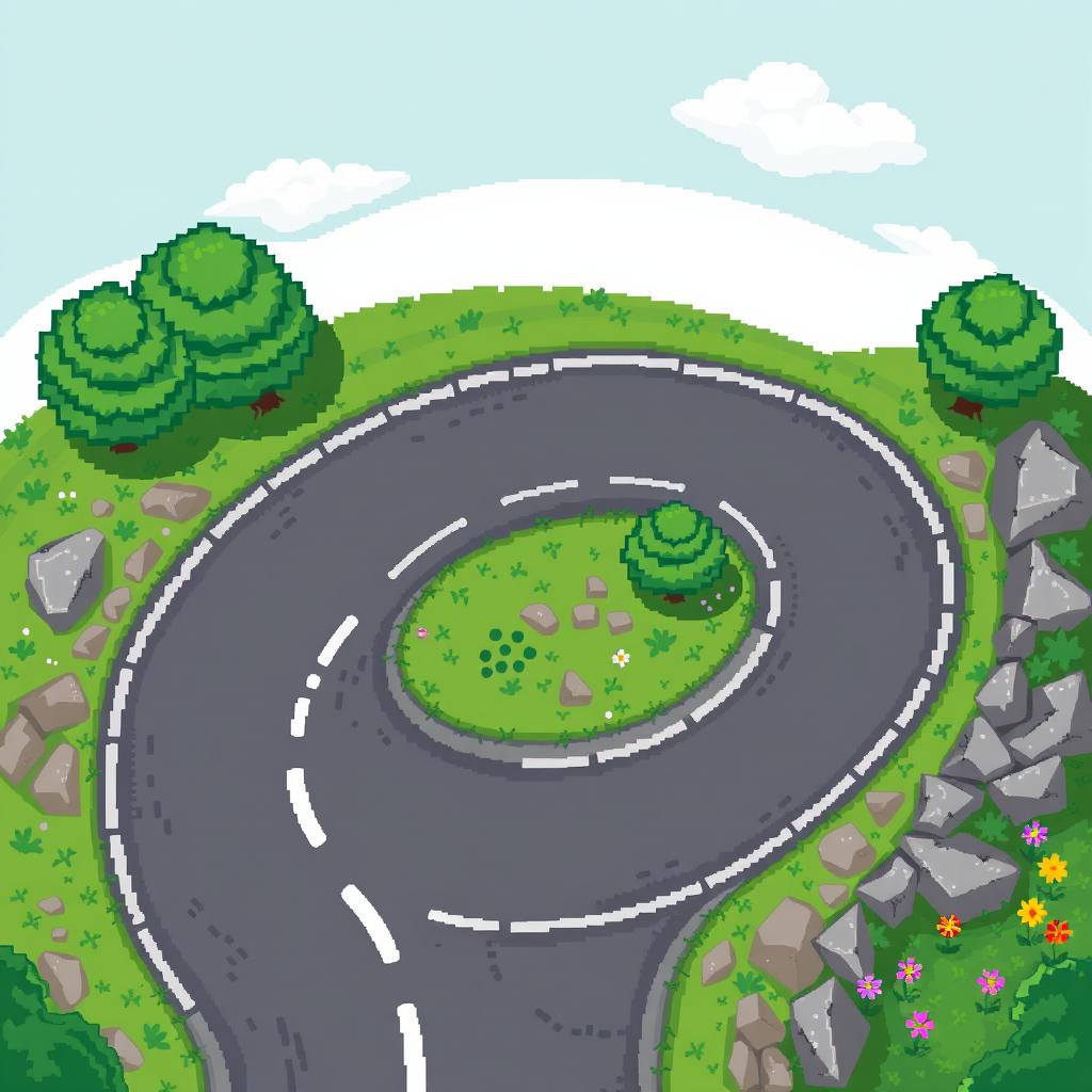 A top-down pixel art view of a winding road, showcasing various features typical of a countryside setting