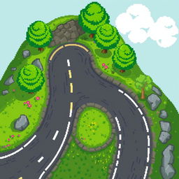 A top-down pixel art view of a winding road, showcasing various features typical of a countryside setting