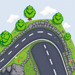 A top-down pixel art view of a winding road, showcasing various features typical of a countryside setting