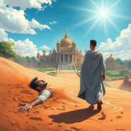An inspiring illustration of a man in his late 20s, once lying in the dust looking defeated and weary, now standing tall and determined as he walks towards a magnificent palace in the distance