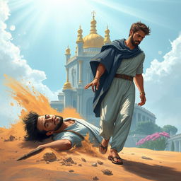 An inspiring illustration of a man in his late 20s, once lying in the dust looking defeated and weary, now standing tall and determined as he walks towards a magnificent palace in the distance