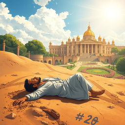 An inspiring illustration of a man in his late 20s, once lying in the dust looking defeated and weary, now standing tall and determined as he walks towards a magnificent palace in the distance