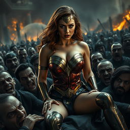 A terrified and busty portrayal of a superheroine resembling Wonder Woman with features similar to Jennifer Lawrence, showcasing big cleavage and a curvaceous figure