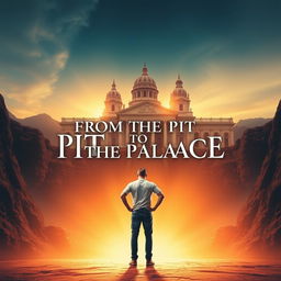 An inspiring and motivational scene featuring a man standing confidently in front of a grand palace, symbolizing triumph and transformation