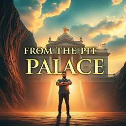 An inspiring and motivational scene featuring a man standing confidently in front of a grand palace, symbolizing triumph and transformation