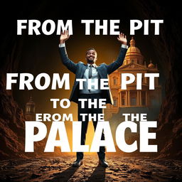 An uplifting and striking scene featuring a man standing triumphantly in front of an opulent palace, which symbolizes his successful transformation