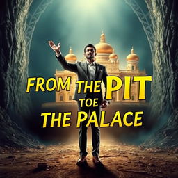 An uplifting and striking scene featuring a man standing triumphantly in front of an opulent palace, which symbolizes his successful transformation
