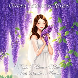 A stunning illustration of a 27-year-old brunette woman standing gracefully around a lush wisteria tree