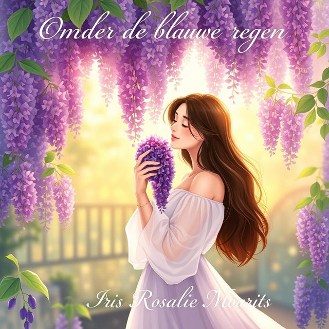 A stunning illustration of a 27-year-old brunette woman standing gracefully around a lush wisteria tree