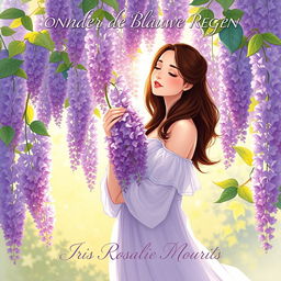 A stunning illustration of a 27-year-old brunette woman standing gracefully around a lush wisteria tree