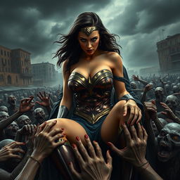 A terrified and busty depiction of a superheroine resembling Gal Gadot's Wonder Woman, showcasing big cleavage and a curvaceous figure, with her clothes affected by the turmoil of an apocalypse